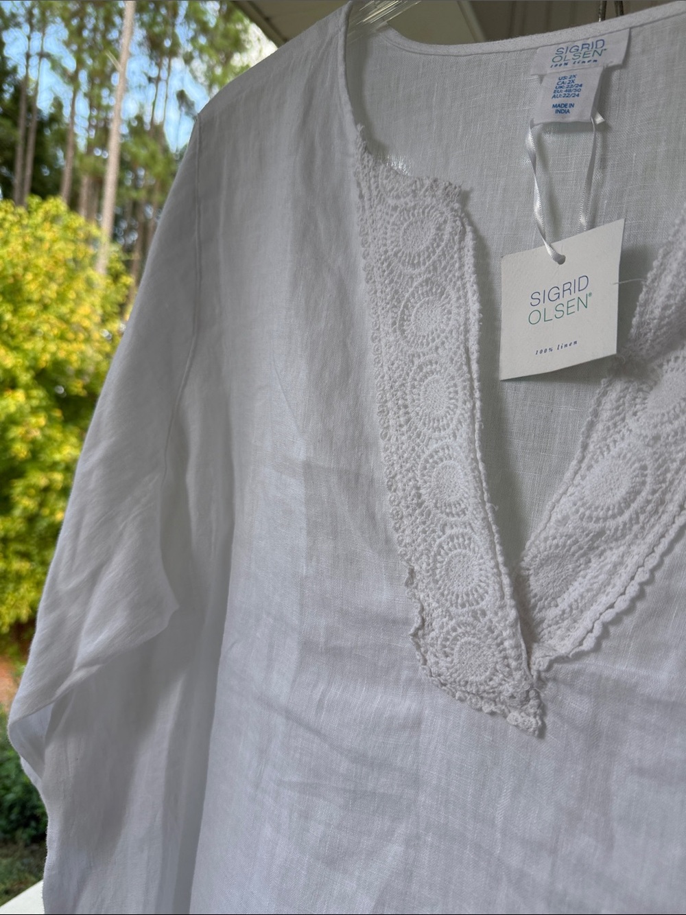 Sigrid Olsen White Linen V-Neck Tunic Top with Lace Trim - Picture 5 of 8
